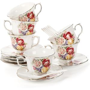 Tea Cups and Saucers Set of 6, 8 OZ Floral Ceramic Coffee Cup Set with Spoon, Vintage Rose British Teacups with Gold Trim, Cappuccino Mug for Latte Espresso for Tea Party, Cafe