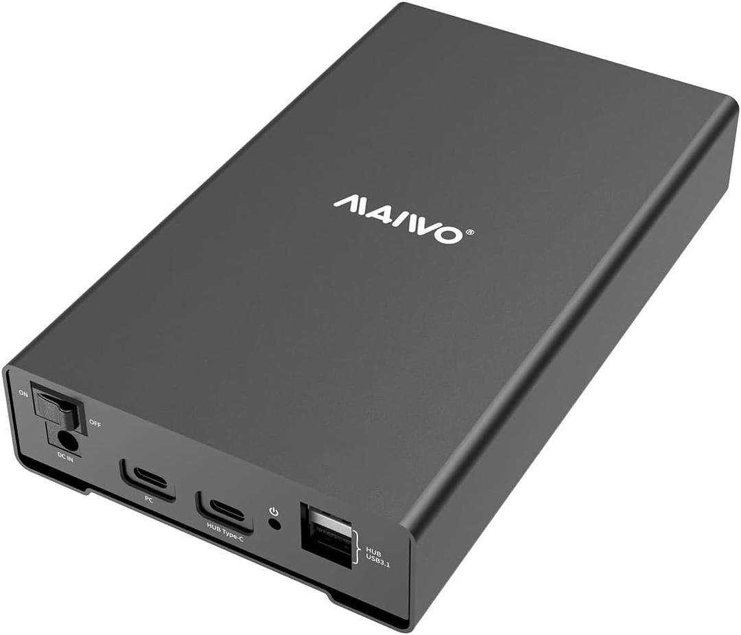 MAIWO External Hard Drive Enclosure for 2.5 3.5 inch SATA SSD HDD, USB3.1 Type-C to SATA Drive Adapter Case, 10Gbps with UASP, 24TB Capacity, 3X HUB Extension, Fits 7/9.5/12.5/15mm Disk