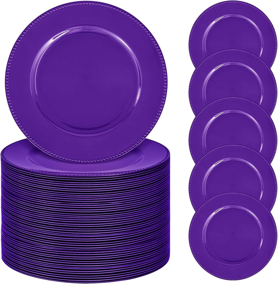 50 Pcs Purple Charger Plates Bulk, 13" Round Beaded Plate Chargers for Dinner Plates, Decorative Dinner Chargers Plastic Table Chargers for Wedding Holiday Party Baby Shower Event Decoration (Purple)