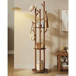 VASAGLE Freestanding Coat Rack Stand, Coat Tree with 11 Hooks, 3 Shelves, 4 Removable 360 Swivel Wheels, Wooden Hooks and Poles, for Entryway, Bedroom, Living Room, Walnut Brown URCR023K01