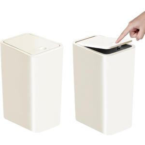 TIPGO Bathroom Trash Can with Lid, 10 Liter/ 2.6 Gallon Slim Garbage Can, Small Trash Bin Waste Basket with PopUp Lid for Kitchen, Bedroom, Living Room, Office (2 Pack, White)