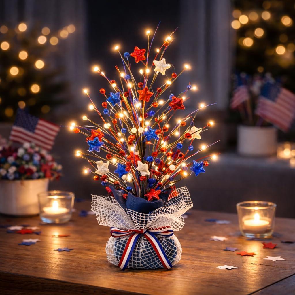 CRCZK 4th of July Table Tree Decorations with LEDs, 250 Anniversary USA Independence Day Table Centerpiece,Rustic Farmhouse Memorial Day Decorations Patriotic Decorations Red White Blue Decoration