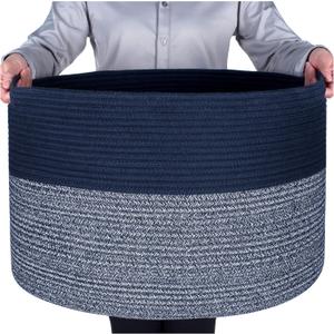 MINTWOOD Design Extra Large 22 x 14 Inches Blanket Storage Basket, Laundry Basket, Decorative Woven Cotton Rope Baskets for Blanket Storage Living Room, Dog Toy Storage Basket Bin, Navy Blue