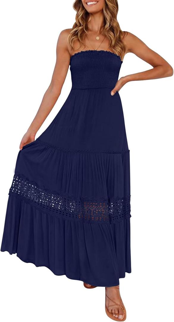 ZESICA Women's 2026 Summer Boho Maxi Dresses Strapless Off Shoulder Lace Flowy A Line Beach Vacation Long Sundress