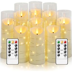 Eebuss Flameless Candles with Embedded Star String, Battery Operated LED Pillar Candles with Timer and Remote Control, Home Decorating for Ambiance Set of 9 (Ivory)
