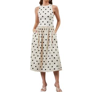 Women Summer Sleeveless Midi Dress Casual High Neck Patchwork Tank Sundress Flowy Boho A Line Dress with Pockets (Medium, White Polka Dot)