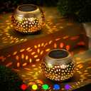 Reginary 2 Pcs Solar Lanterns Waterproof Outdoor Decor, Hollow Out Retro Metal Solar Lights 7 Color 2 Modes Decorative Atmosphere Table Lantern for Women Mom Gifts Patio Garden Pathway Yard (Bronze)