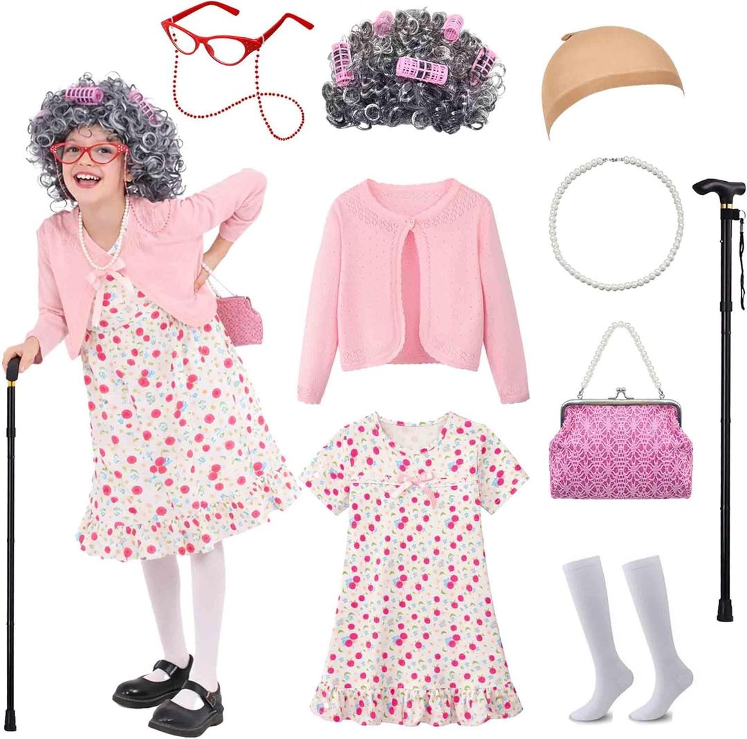100 Days of School Costume for Girls, Old Lady Costume for Kids, Granny Grandma Dress Up (3-4yr, Pink-set 3)