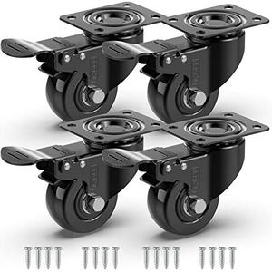 GBL 2" Heavy Duty Caster Wheels with Brakes + Screws - up to 440Lbs - Set of 4 No Floor Marks Silent Castor for Furniture - Rubbered Trolley or Pallet Swivel Wheels - Black Casters