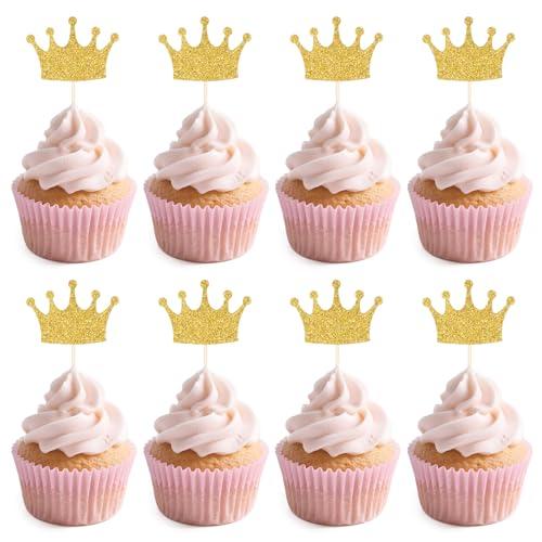 30Pcs Crown Cupcake Toppers, Gold Glittery Princess Cake Picks Confetti Queen Cake Toppers for Baby Shower, Birthday Party, Wedding Food Decorations