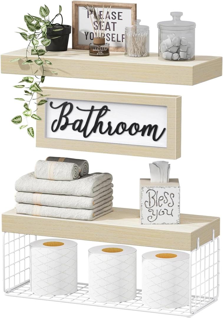 QEEIG Bathroom Shelves Over Toilet - Paper Storage Wall Mounted Farmhouse Decor Decorations Aesthetic Dcor Sign Small Floating Shelf 2+1 Set 16 inch, Natural (020NW)