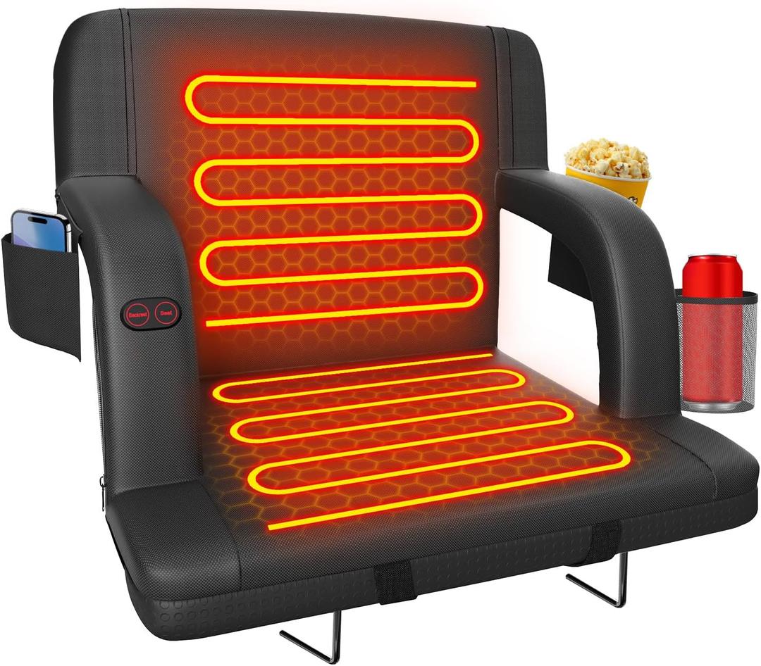 Suteck Dual-Sided Heated Stadium Seats for Bleachers with Back Support, Portable Heated Bleacher Seat with Backrest, 3 Heat Levels, 5 Pockets Ideal for Outdoor Stadiums and Events - Black