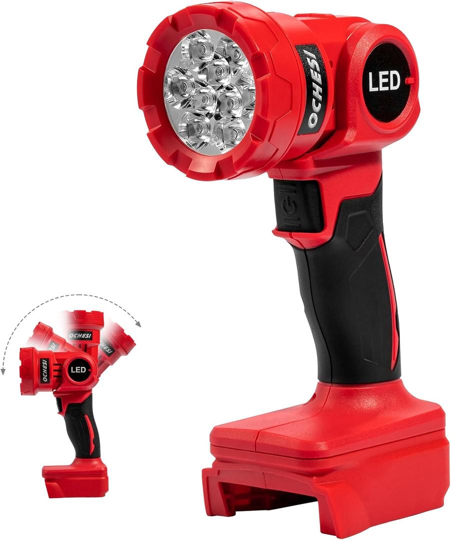 OCHESI Cordless LED work light compatible with Milwaukee 18V Battery, 1000LM Handheld Flashlight with two levels and 140 Degree Rotating Wide-Angle Lighting for Workshop, Camping (No Battery)