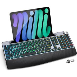 GAMCATZ Large Print Backlit Wireless Keyboard with Wrist Rest-Low-Profile,Phone/Tablet Holder,Rechargeable with Light Up Keyboard,Ergonomic Quiet Computer Keyboard for Desktop,Laptop, PC, Mac-Grey (2-Grey Black)