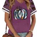 Halloween Shirts Women Fall Pumpkin Tshirt Ghost T Shirt Skeleton Tops Casual V Neck Short Sleeve Tees (Purple, XXL)