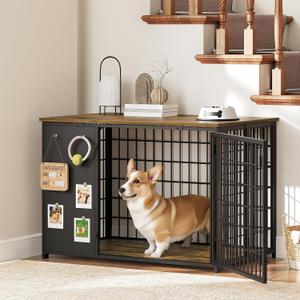 Foldable Dog Crate Furniture, Dog Crate with DIY Frame, Heavy Duty Dog Kennel Indoor with Hooks, Wooden Dog Cage End Table, for Small/Medium Dogs, Rustic Brown and Black DC95BR