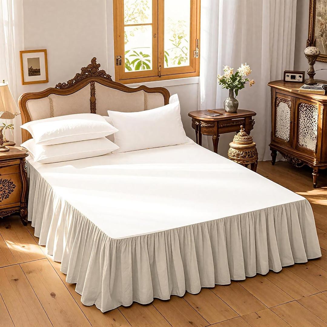 Belgian Linen Cotton Bed Skirt with 14 Inch Drop, Easy Fit Breathable Linen-Cotton Blend Dust Ruffle Queen Size Bed Skirt Premium Natural Flax- Pleated Linen, Queen