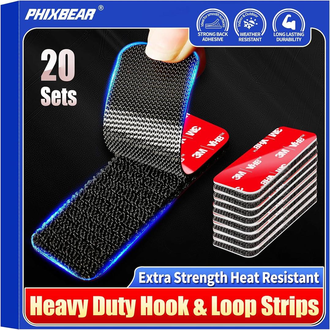 20 Sets Super Adhesive Hook and Loop Strips Heavy Duty, Made of 3M VHB, Heat Resistant Waterproof, Outdoor or Indoor Use, Black 1.2x3.2 Inch