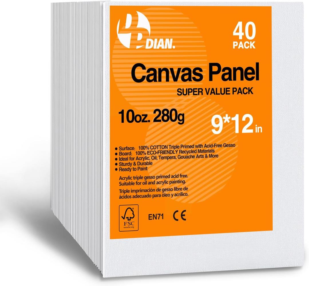 Canvas Boards for Painting 9x12 Inch, 40-Pack Bulk Canvas Value Pack - Art Supplies Blank Paint Canvas Panels for Acrylic, Oil, Watercolor, Tempera, Gouache