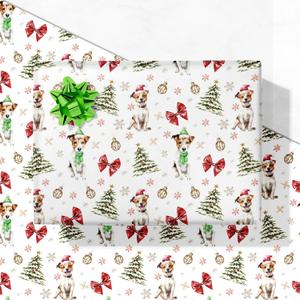 GIOLAINY Funny Dog Christmas Wrapping Paper - Jack Russell Terrier with Trees & Bows Design - Holiday Gift Wrap for Men Women Kids Pet Lovers - 4 Jumbo Sheets (28" x 40"), Easy to Store
