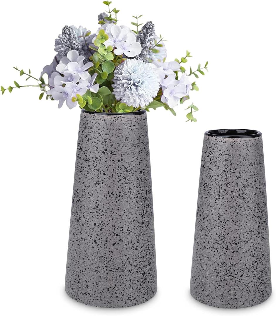 Bdor Ceramic Vase Set of 2, Modern Farmhouse Home Decor, Grey Vase with Polka Dots, Perfect for Dining, Living, Bathroom & Kitchen (Gray)