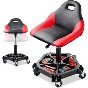 Rolling Shop Stool with Wheels, Garage Mechanic Stool with Backrest, Metal Heavy Duty Roller Mechanic Chair with Tool Tray, 5-Wheel Anti-tip Design,19.5"-26" Adjustable Height, 330 LBS Capacity
