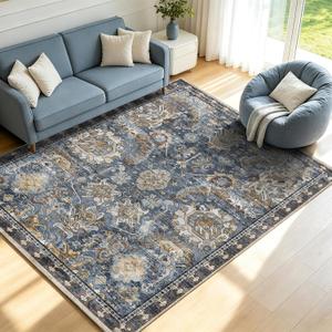 Washable Area Rugs - Perfect for Living Room, Bedroom, Kids Room, Nursery - Stain & Water Resistant Non-Slip, Pet & Child Friendly, Vintage Tribal Area Rugs (Navy, 5' x 7')