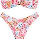 ZAFUL Women's Bandeau Bikini O Ring Strapless Tie Back High Cut Two Piece Swimsuit Bathing Suits (5-Floral Pink, S)