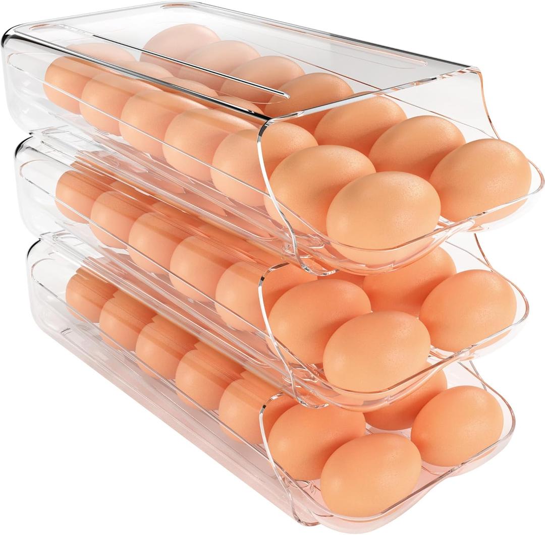 theaoo Egg Holder for Fridge, Automatic Rolling Egg Container for Refrigerator, Clear Plastic Egg Dispenser, Stackable Eggs Organizer with Quick Removable inner Tray For Organizers and Storage, 3 Pack