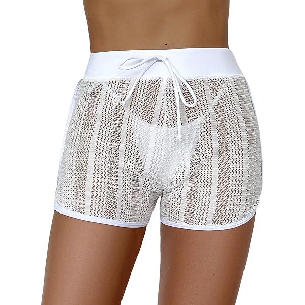 Women’s Crochet Cover Up Shorts Bikini Swimsuit Coverup Bottoms with Drawstring Beach Outfits, Size: L