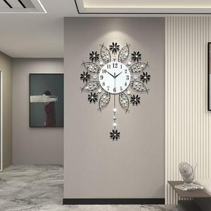 Decorative Wall Clock for Living Room Decor Big Luxury Black Modern Crystal Wall Clock with Pendulum Battery Operated Non Ticking Large Silent Metal Clock for Kitchen Office Bedroom, 14 Inch
