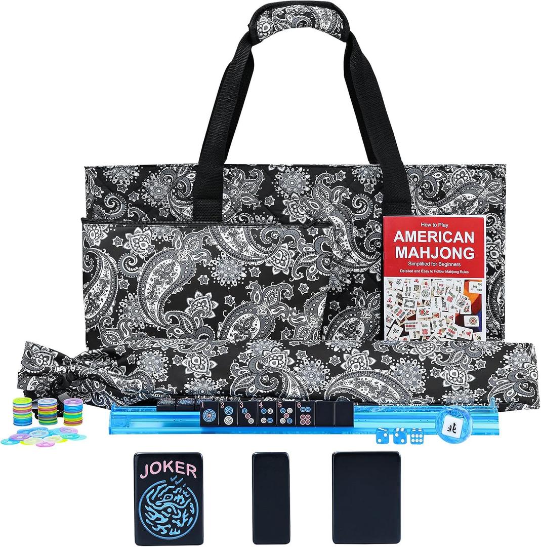American Mahjong Game Set, 166 Black Tiles (1.2), 4 All-in-One Color Rack/Pushers & Drawstring Bag, Complete Mahjong Set with Black Carrying Bag and Mahjong Tiles Set Accessories