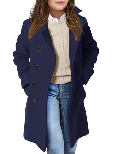 Haloumoning Girls Double Breasted Trench Coat Kids Notch Lapel Long Peacoat with Pockets Size M(10/12)