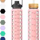 MUKOKO 32oz Glass Water Bottles with 2 Lids-Handle Spout Lid&Bamboo Straw Lid, Motivational Water Tumbler with Time Marker Reminder and Silicone Sleeve, Leakproof-Pink-1 Pack