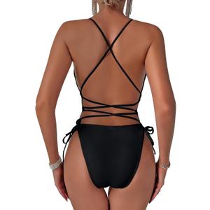 Lilosy Sexy Criss Cross Lace Up Plunge One Piece Swimsuit String Tie Side Cheeky Bathing Suit (Medium, Black)