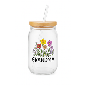 Yipaidel Grandma Rainbow 16oz Glass Tumbler with Bamboo Lid & Straw, Beer Can Shaped Iced Coffee & Drinking, Inspirational Sunshine Gifts for Mom, Wife, Best Friend - Christmas, Birthday Presents