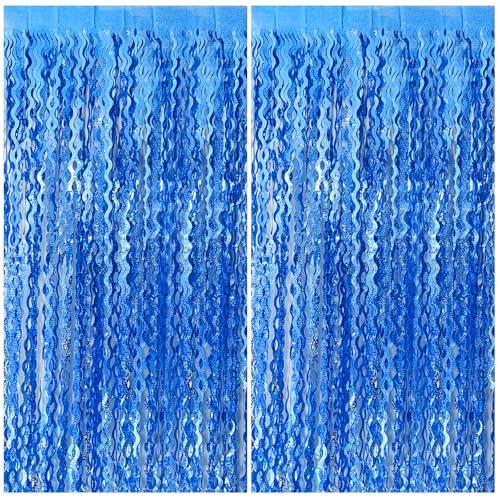 Blue Backdrop Wavy Tinsel Foil Fringe Curtains for Parties Sparkle Metallic Wavy Blue Birthday Decorations for Streamers Party Decorations Photo Booth Props Birthday Ocean Party Decor Supplies