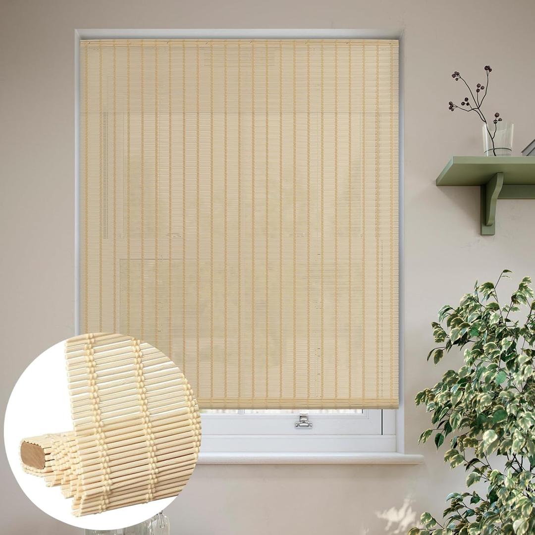 LUCKUP Cordless Bamboo Roman Blinds Shades for Indoor Windows-Light Filtering Window Bamboo Curtains with 6" Valance Cover Enhanced Privacy, 28" W x 64" H, Natural