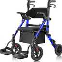 Walkers for Seniors with Seat, Walker Wheelchair Combo, 2 in 1 Rolling Walker Transport Wheelchair Lightweight Foldable, 10" Big Wheels Transport Chair with Brakes,Blue