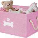 Dog Toy Basket with Lid, Dog Basket for Toys, Dogs Toy Box with Cotton Rope Handles, Collapsible Storage Bins for Pet Toys, Dogs Storage Organizer, Pink (Medium)