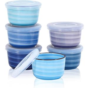 Selamica 4 oz Ramekins with Lids Oven Safe, Creme Brulee Souffle Dishes Ramekins with Covers, Porcelain Custard Cups for Baking, Stackable Mini Ramekin Bowls for Pudding Dip Sauces, Set of 6, Gradient Blue