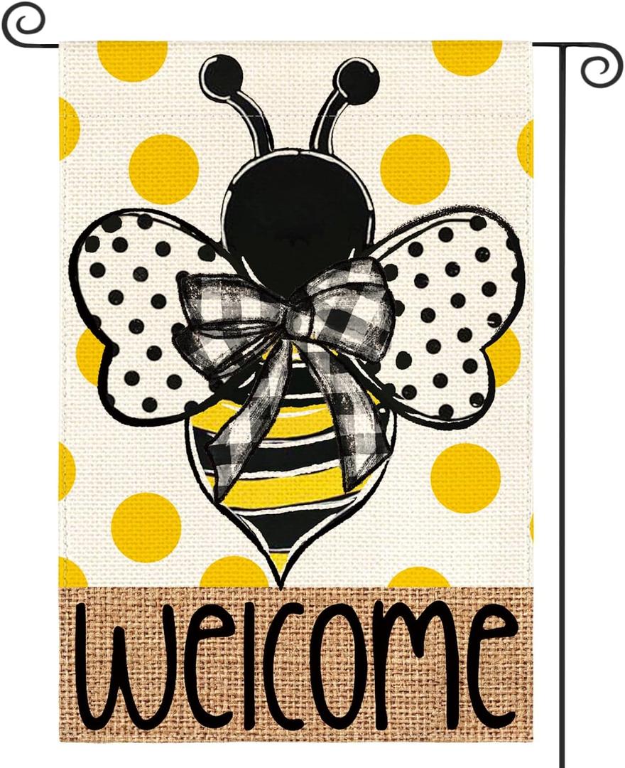3 x AVOIN colorlife Spring Summer Polka Dot Bee Welcome Garden Flag 12x18 Inch | Double Sided, Weather & Fade Resistant, Yard Outdoor Decoration, for Outside, Seasonal