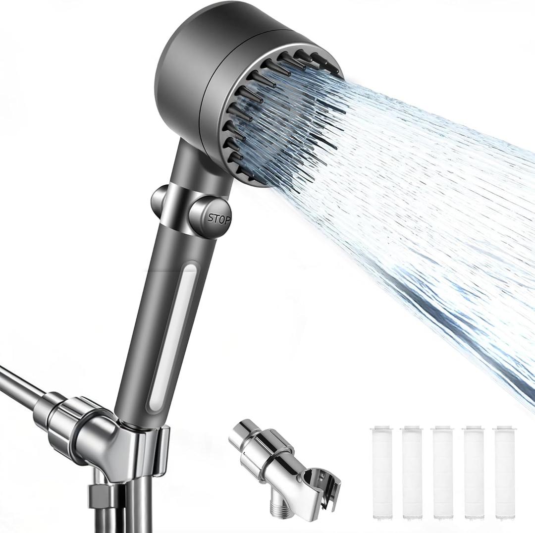 Ion Drops Filtered Shower Head, High Pressure Shower Head with ON/OFF Switch, 3 Spray Modes & Hydro Jet Power Mode for Hard Water, 5 Replacement Filters, Shower Heads Combo for RVs, Gyms