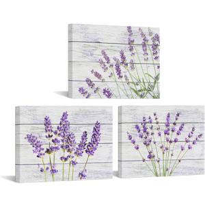 Biuteawal Vintage Flower Wall Art 3 Piece Bathroom Purple Lavender Picture Painting Grey Wood Rustic Posters and Prints Botanic Canvas Artwork Living Room Bedroom Home Farmhouse Kitchen Ready to Hang