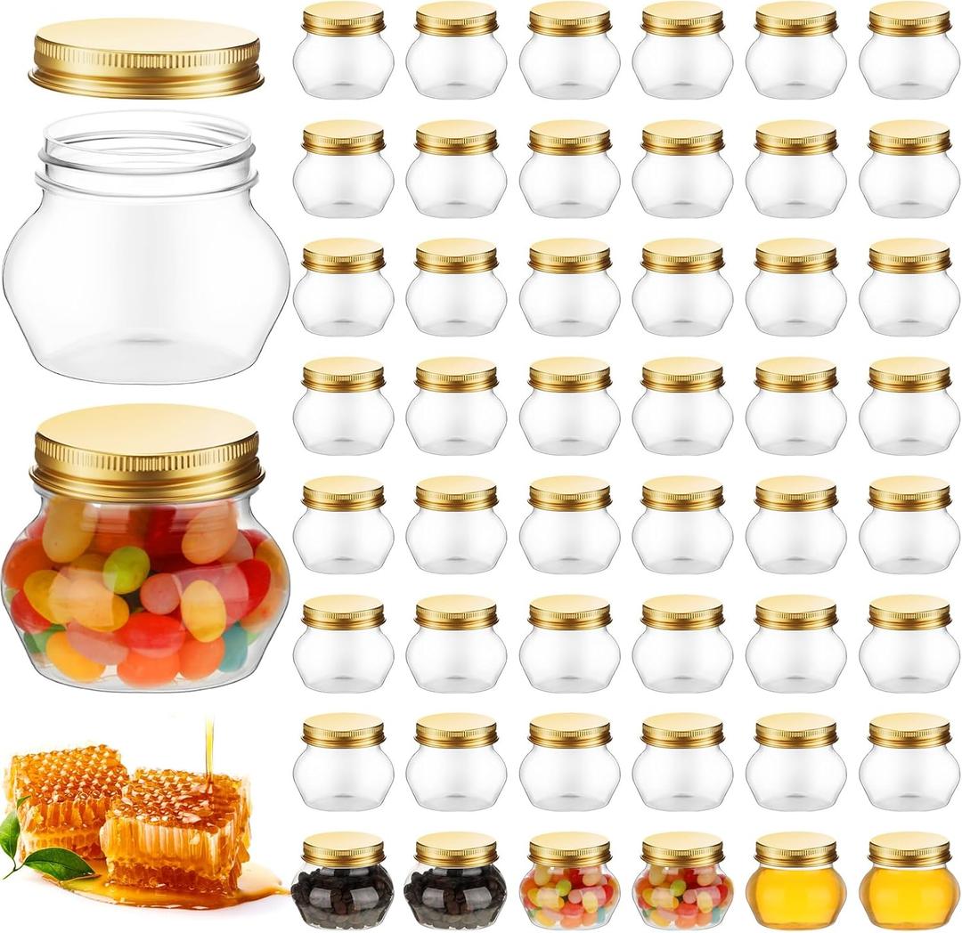 Hsei 48 Pcs 4 oz Clear Plastic Jars with Lids Wide Mouth Mason Canning Jars Mini Storage Containers Bulk for Herb Jelly Wedding Favors Shower Party(Gold)