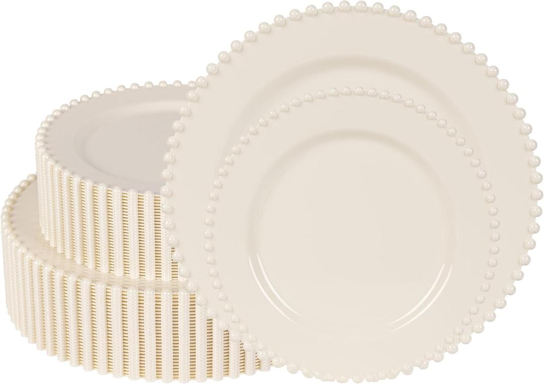 60 Pcs Ivory Plates, Beaded Design Disposable Plastic Plates for 30 Guests, Fancy Party Dishes 7.5 inch Dessert Plate and 10 inch Dinner Plate for Thanksgiving, Party, Bridal Shower