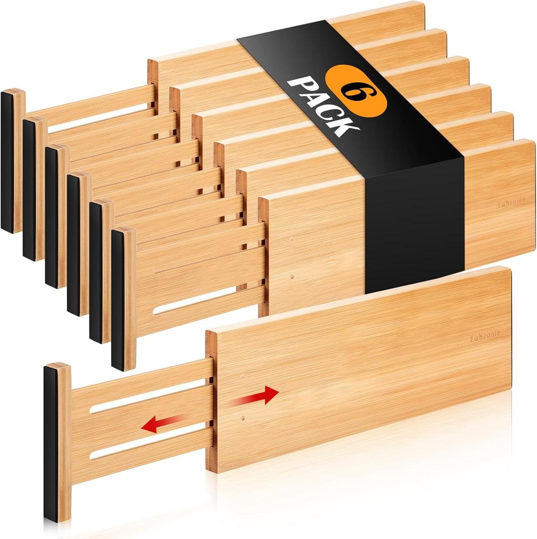 Fabsome Dresser Drawer Organizers 6 Pack, 4.65'' High Adjustable from 12.5-17 Bamboo Drawer Dividers for Clothing Baby Clothes, Wooden Separators for Dresser Nursery Organization with Soft Foam Ends (For 12.5-17in deep drawers inner size)