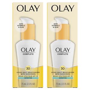 Olay Face Moisturizer, Complete with Sunscreen SPF 30, Fragrance-Free for Sensistive Skin, Broad Spectrum Sun Protection, Long-Lasting Hydration, Non-Comedogenic - Vitamin E & Aloe - 2.5 Oz - 1 Pack