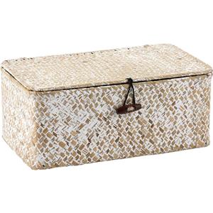 Hipiwe Wicker Shelf Baskets with Lid, Woven Seagrass Storage Basket Bin Rectangular Household Basket Boxes for Shelf Home Organizer and Decor, Whitewash X-Small