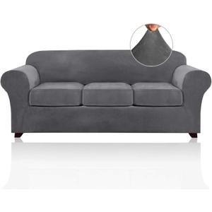 PrinceDeco Velvet Couch Covers for Sofa Soft 4 Pieces Couch Covers for 3 Cushion Couch Sofa Pet Friendly Furniture Protector with Non Slip Elastic Bottom Width Up to 90 Inch (Large, Grey)
